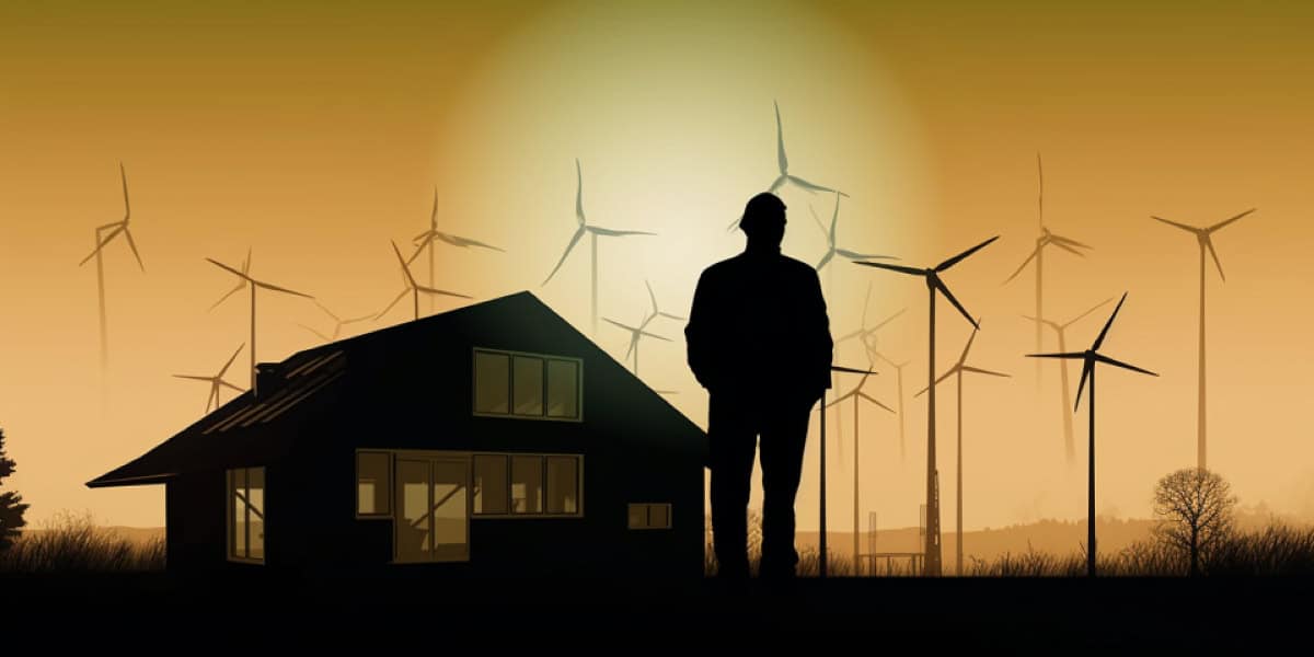 A silhouette of a person standing in front of a house with solar panels and wind turbines in the background