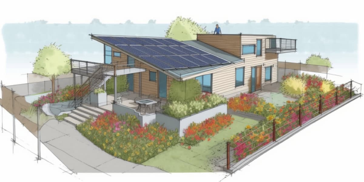 Illustration of a modern home with a rooftop garden of colorful flowers and shrubs