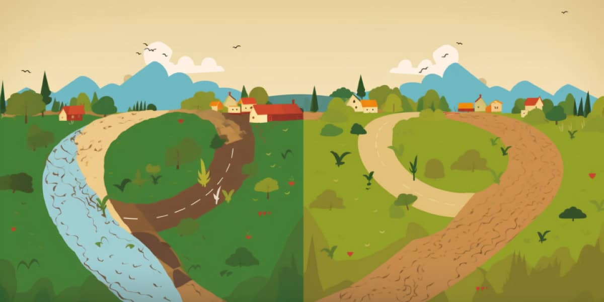 two paths to a town