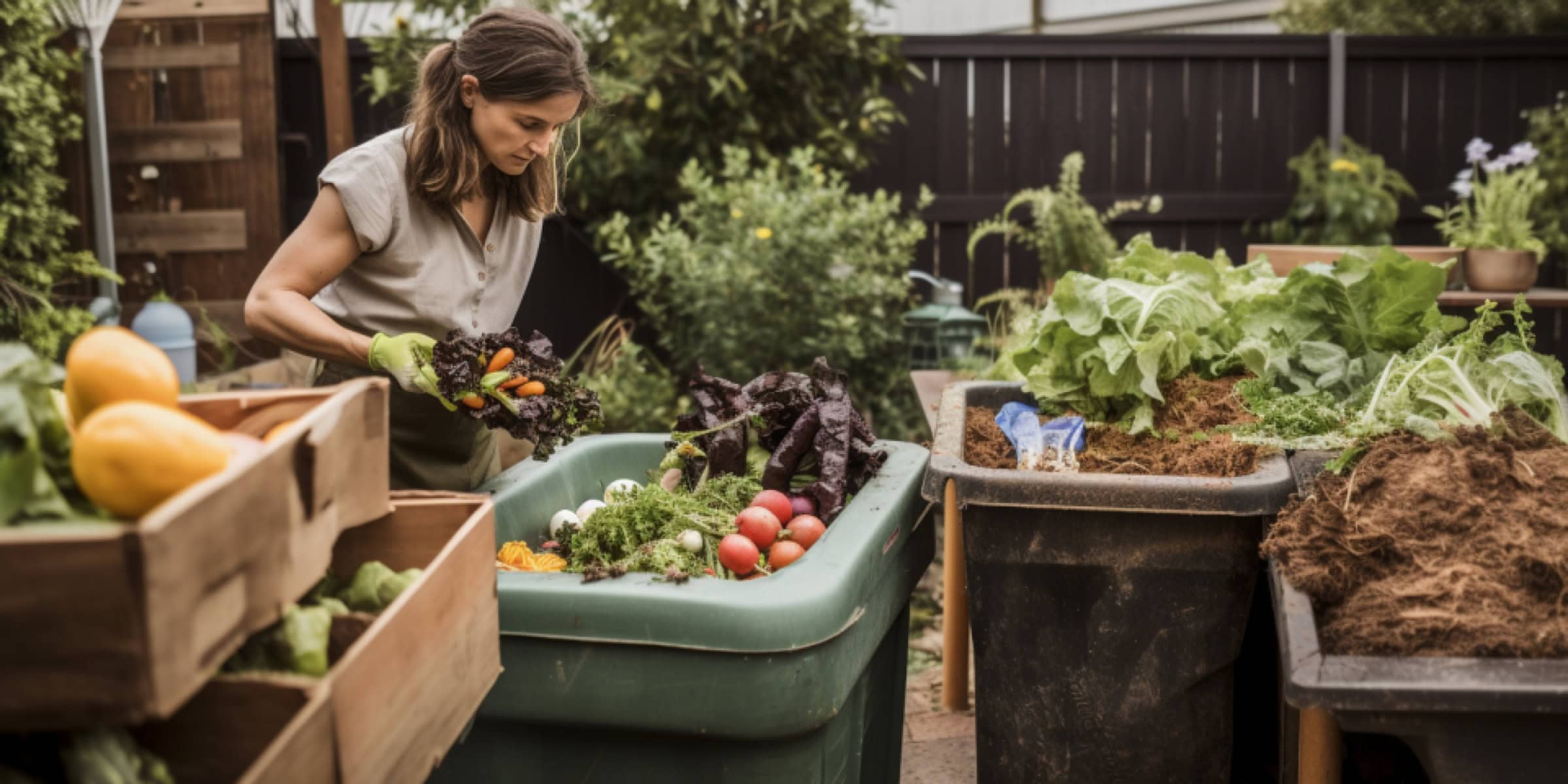 woman looking at food waste in bin