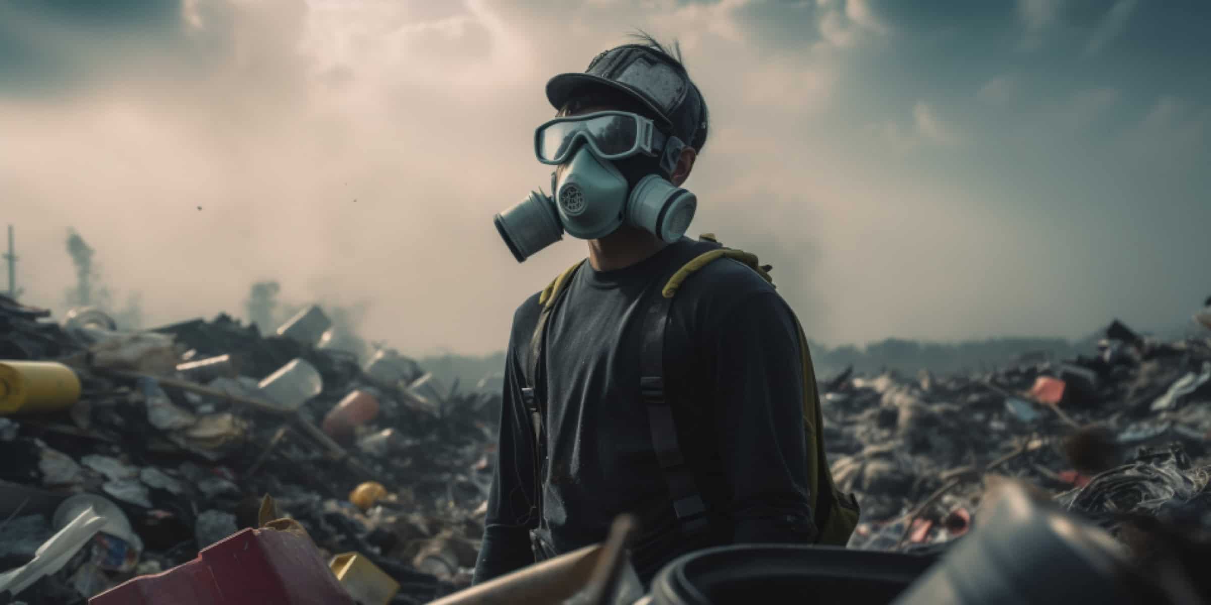 A person wearing a gas mask surrounded by piles of plastic trash