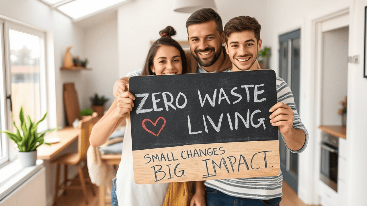 Zero waste living eco-friendly home awareness promoting sustainable lifestyle choices reducing plastic use and minimizing waste for a greener planet.