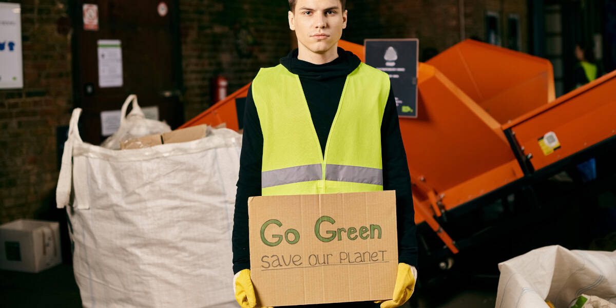 Recycling worker holding a cardboard sign at eco-friendly waste facility promoting sustainability and environmental conservation.