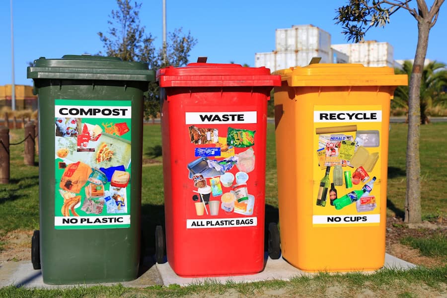 Recycling bins for compost, waste, and recycle with environmental-friendly labels in an outdoor park setting.