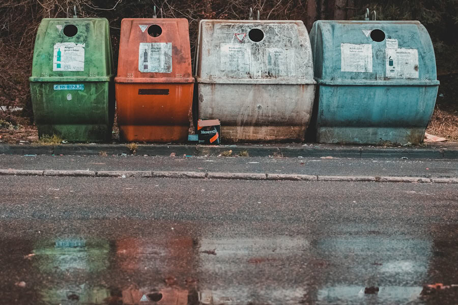Recycling bins on street for eco-friendly waste disposal, promoting sustainable living and environmental conservation. Proper waste management encourages eco-conscious habits in the home.