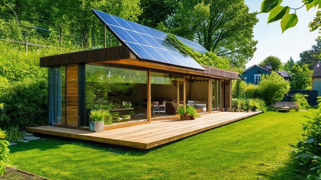 Eco friendly home with solar panels and sustainable design, blending modern architecture with nature-friendly features for energy efficiency and eco-conscious living.