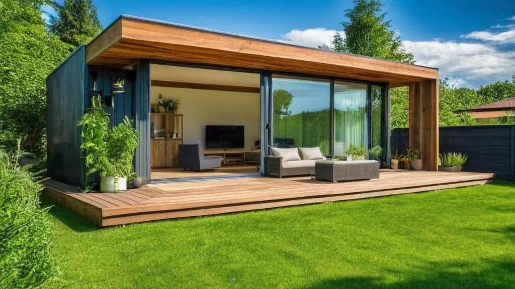 Modern eco-friendly tiny home with large glass sliding doors, wooden deck, surrounded by lush greenery, emphasizing sustainable living and energy-efficient design.