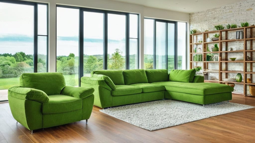 Vivid green velvet sofa and armchair set in a modern eco-friendly living room with large windows showcasing nature views, wooden shelves with plants and eco-conscious decor, emphasizing sustainable living.