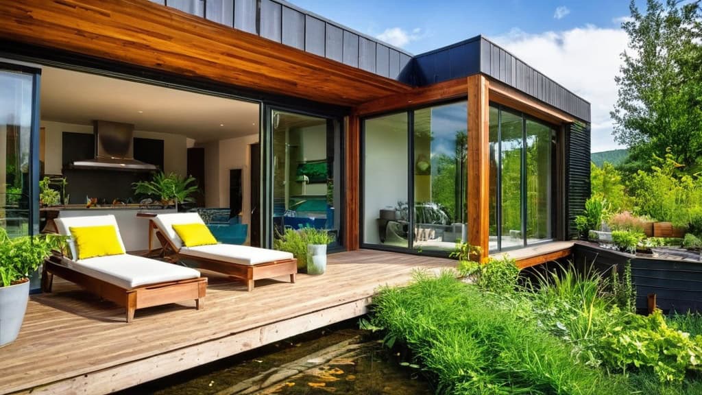 Modern eco-friendly home with large glass windows and a wooden deck, surrounded by lush greenery and sustainable landscaping, emphasizing eco-conscious living and green design principles.