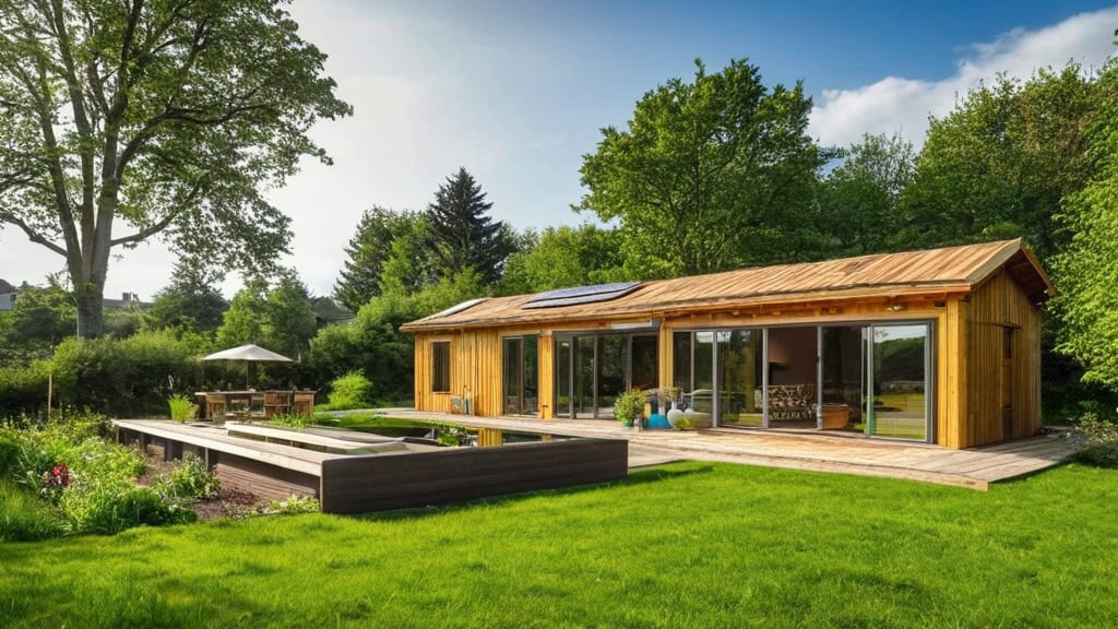 Eco-friendly wooden tiny house with large glass sliding doors and solar panels on the roof, situated in a lush green garden with outdoor seating and vibrant landscaping.