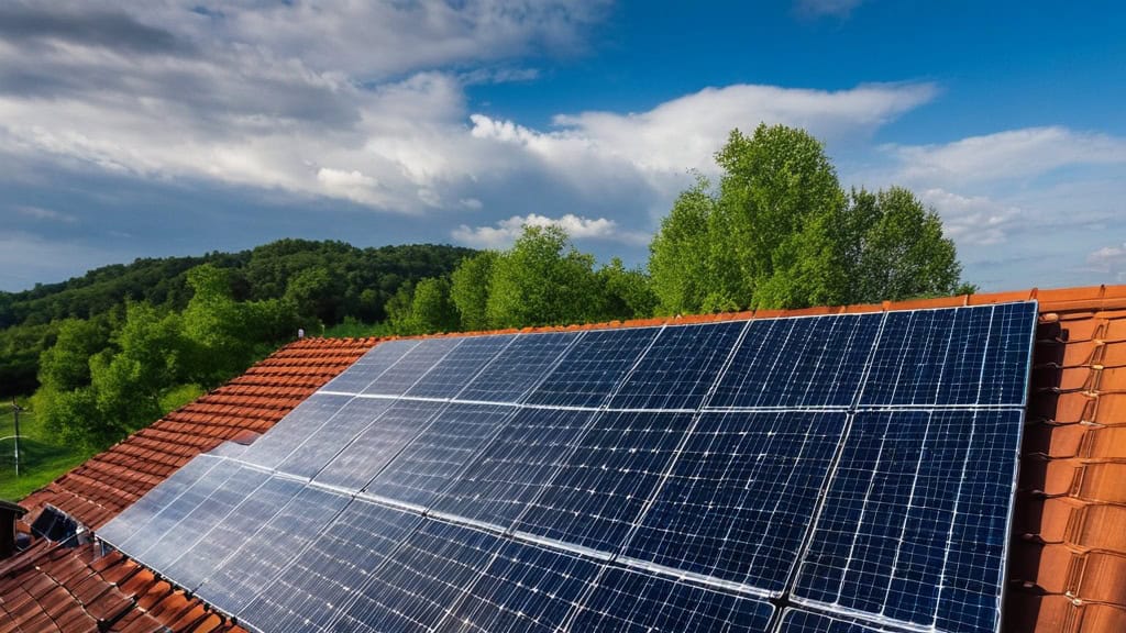 Solar power panels installed on a rooftop with lush green trees in the background, promoting eco-friendly sustainable energy solutions for green homes and environments, eco-conscious living.