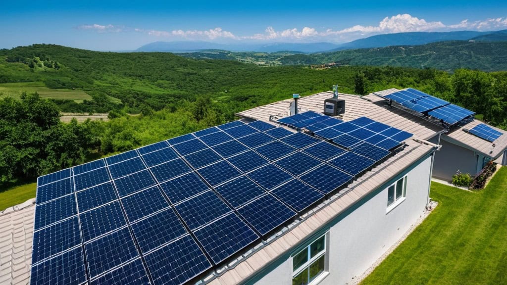 Solar panel installation on eco-friendly home rooftop in lush green landscape for sustainable energy solutions.
