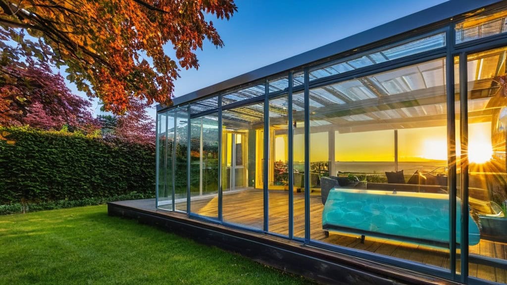 Eco friendly glass sunroom with large windows and modern design, perfect for sustainable living and enjoying nature.