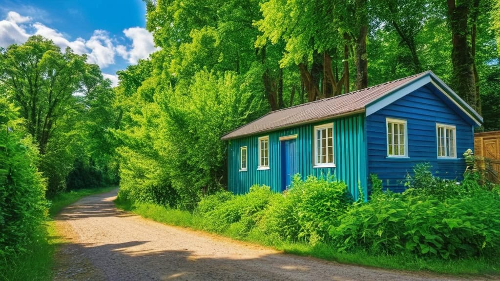 Colorful blue eco home surrounded by lush green trees along a scenic nature trail for sustainable living and eco-friendly housing.