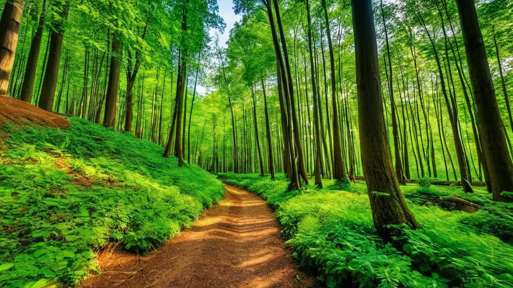 Lush green forest with tall trees and a dirt trail, emphasizing eco-friendly living and nature conservation.