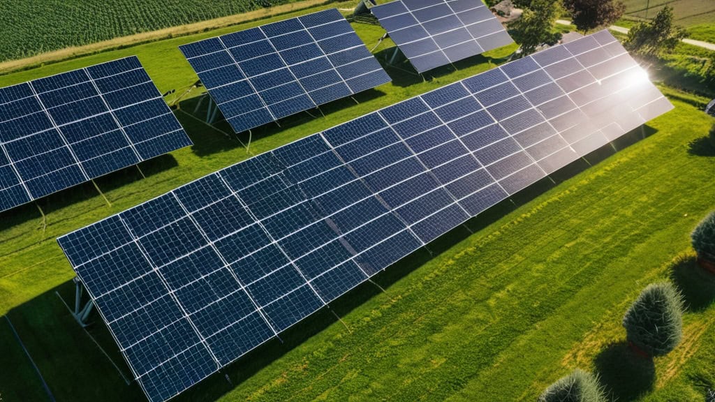 Solar panel array on a lush green farm promoting renewable energy and eco-friendly living.