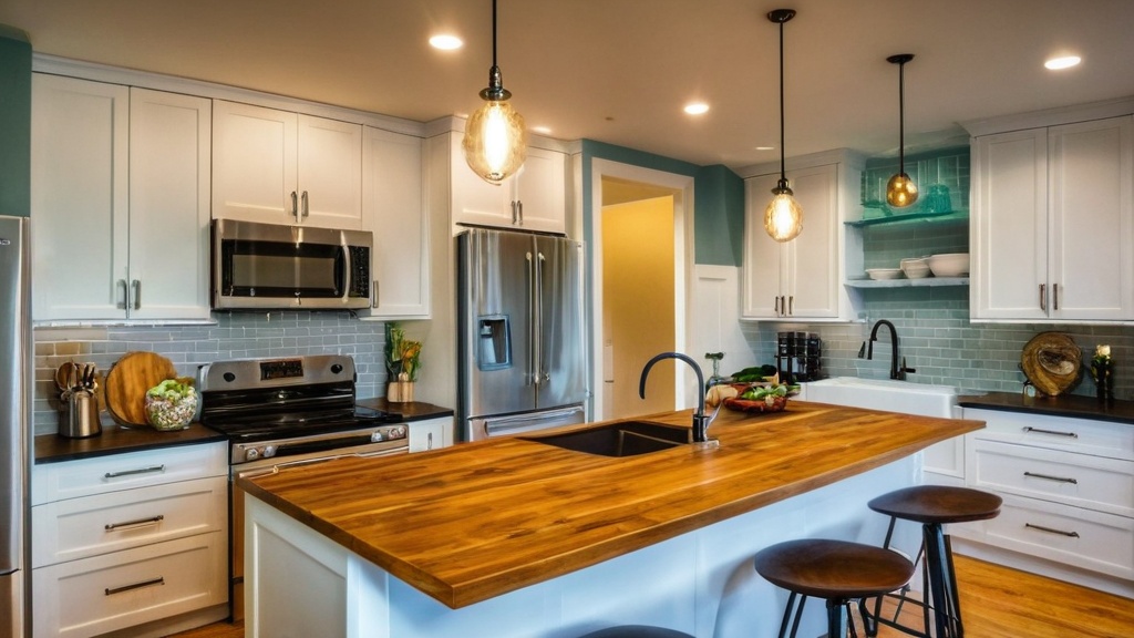 Bright, modern kitchen with white cabinetry, wooden countertops, stainless steel appliances, and pendant lighting emphasizing sustainable home features.