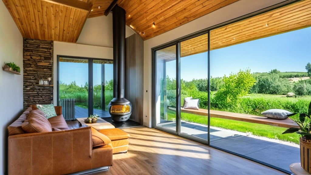 Modern eco-friendly living room with large glass sliding doors, natural wood accents, and energy-efficient elements, perfect for sustainable homes.