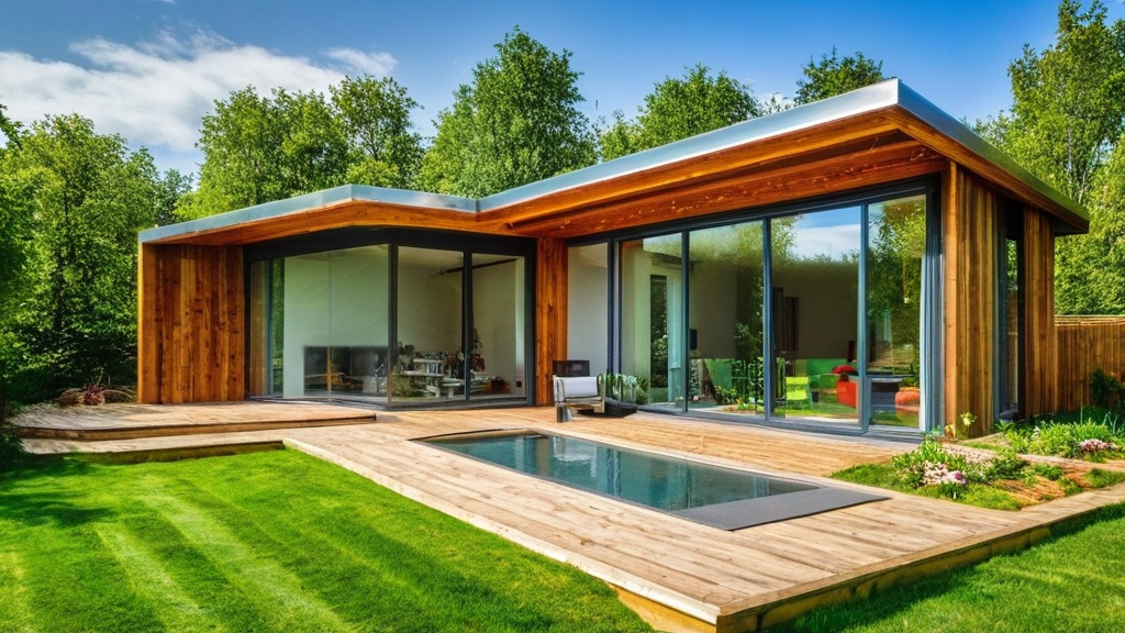 Eco-friendly modern house with large glass windows, wooden exterior, and a backyard pool, surrounded by lush greenery, promoting sustainable living and energy efficiency.
