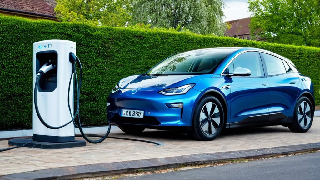 Modern blue electric vehicle charging station connected to a sleek electric car, promoting sustainable transportation and eco-friendly energy solutions.