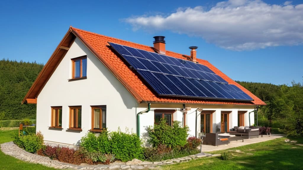 Modern house with solar panels on roof, showcasing sustainable energy solutions for eco-friendly living.