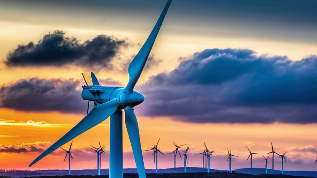 A large wind turbine generating clean energy during a vibrant sunset with a sky filled with colorful clouds and multiple wind turbines in the background.