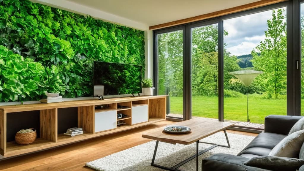 Modern eco-friendly living room featuring a vibrant green living wall, large glass windows with scenic outdoor views, and sustainable interior design elements.