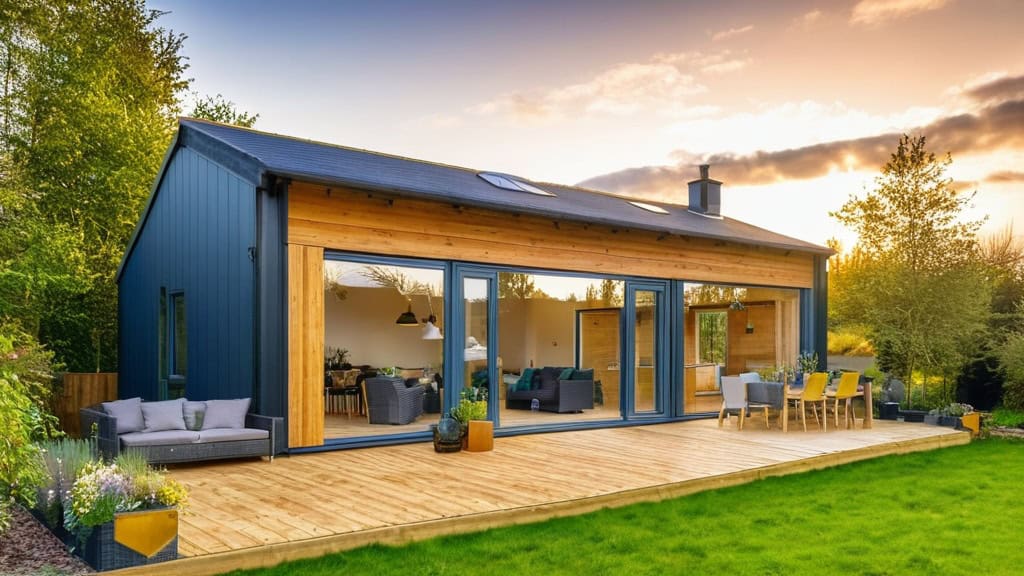 An eco-friendly modern home featuring a spacious wooden deck, large glass doors, and sustainable design elements, set in a lush green landscape during sunset.