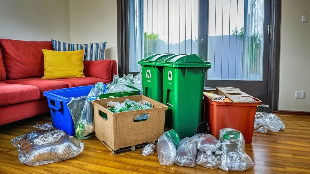 Eco-friendly home recycling station with bins for plastic, paper, and general waste in a modern living room.