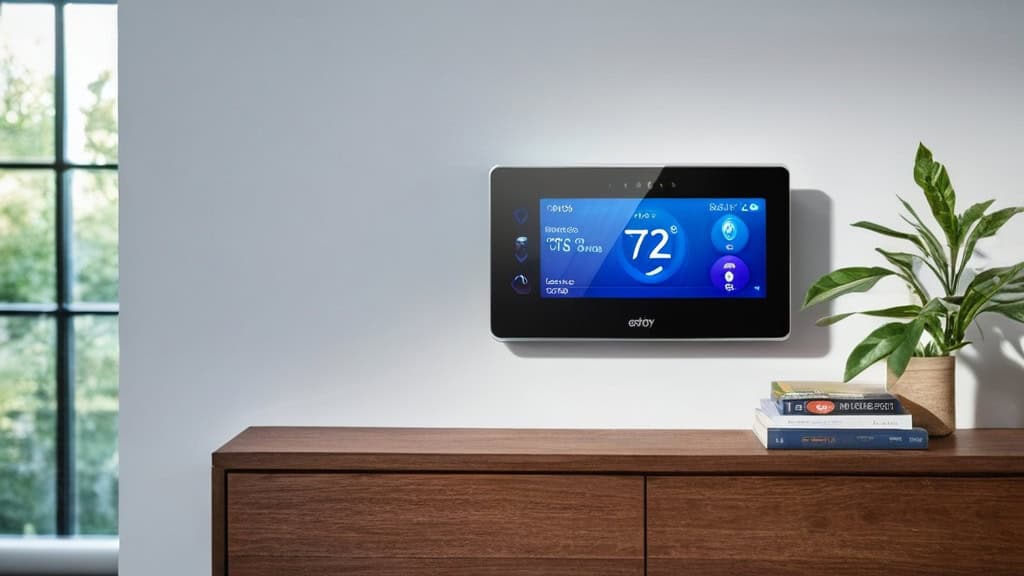 Modern smart home thermostat mounted on the wall showing 72°F, with a sleek digital interface for energy-efficient climate management.
