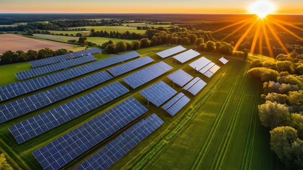 A large solar panel farm in a rural area during sunset, showcasing renewable energy sources and eco-friendly technology for sustainable living.