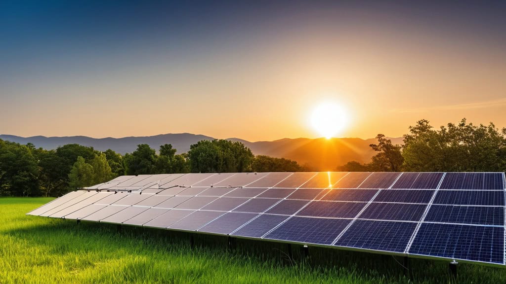 Solar panel array installed in a lush green field during sunset, showcasing renewable energy technology for eco-friendly homes.