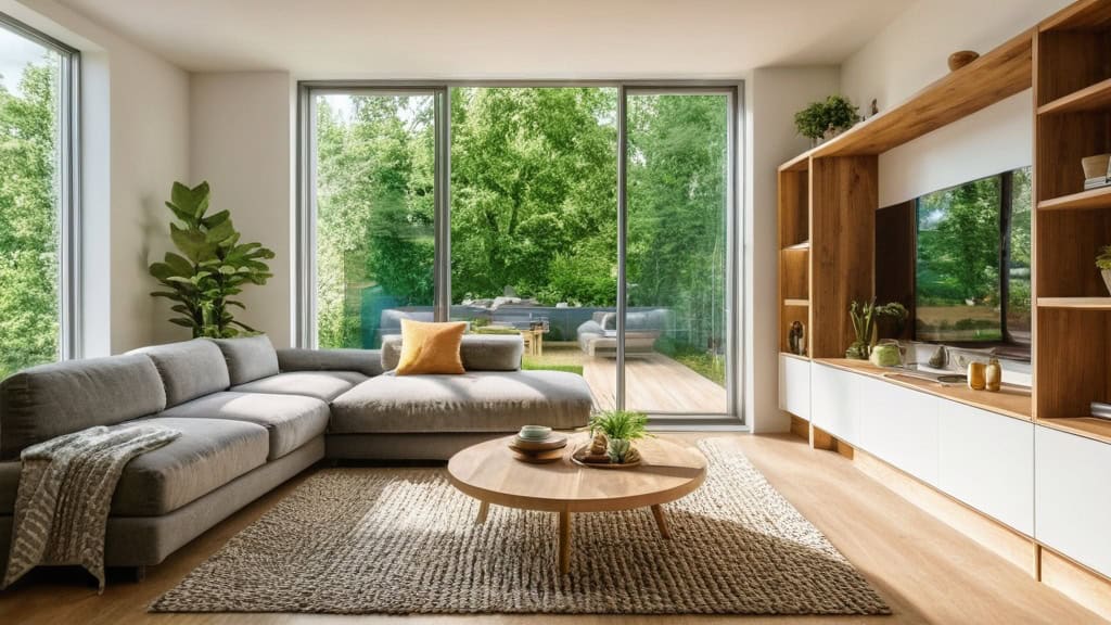 Bright eco-friendly living room with large glass windows showcasing lush green outdoor scenery, featuring sustainable furniture and natural decor elements for a healthy, energy-efficient home.