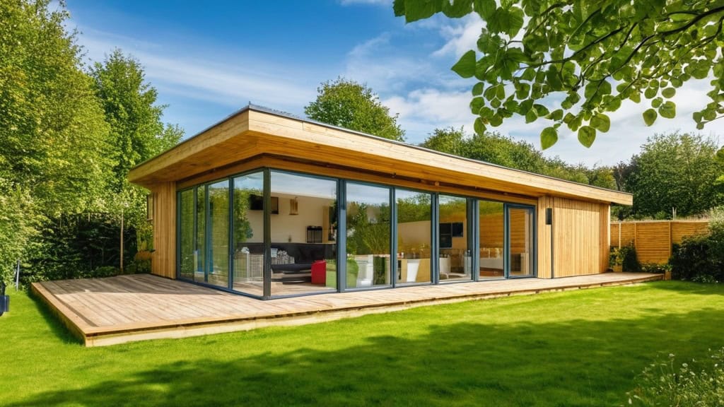 Eco friendly modern home featuring large glass windows and wooden exterior, surrounded by lush greenery and a spacious lawn, emphasizing sustainable living and natural light.