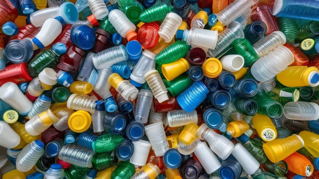 A large pile of colorful plastic bottle caps in various colors including blue, green, yellow, red, and white, emphasizing plastic waste recycling and eco-friendly practices.