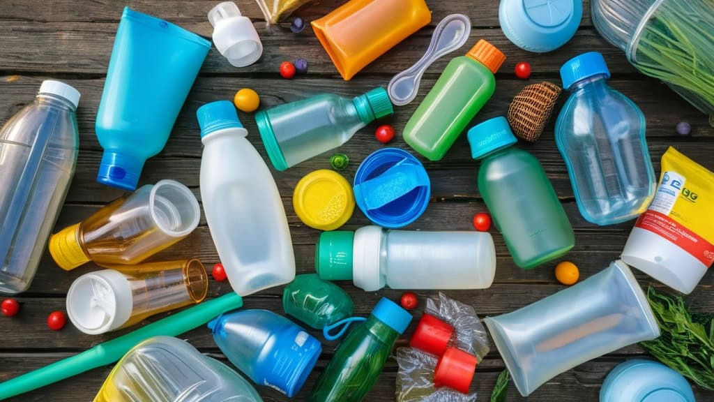 Assorted plastic bottles and containers for recycling on a wooden surface, promoting eco-friendly waste management and sustainability.
