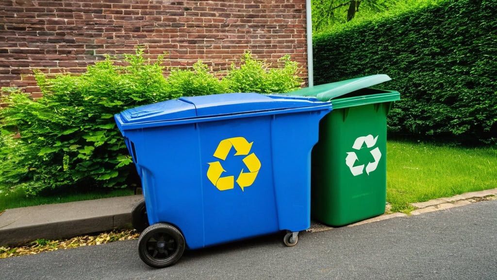 Two recycling bins, one blue and one green, placed outdoors on a sidewalk next to a brick wall and lush greenery, promoting waste separation and eco-friendly waste management.