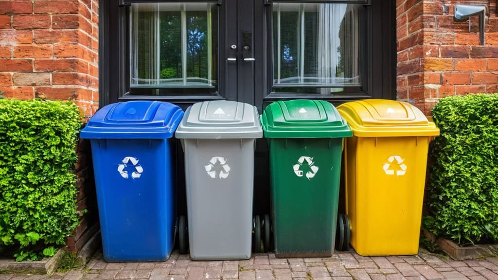 Recycling bins in blue, gray, green, and yellow placed outside a home, promoting eco-friendly waste separation and sustainable living practices.