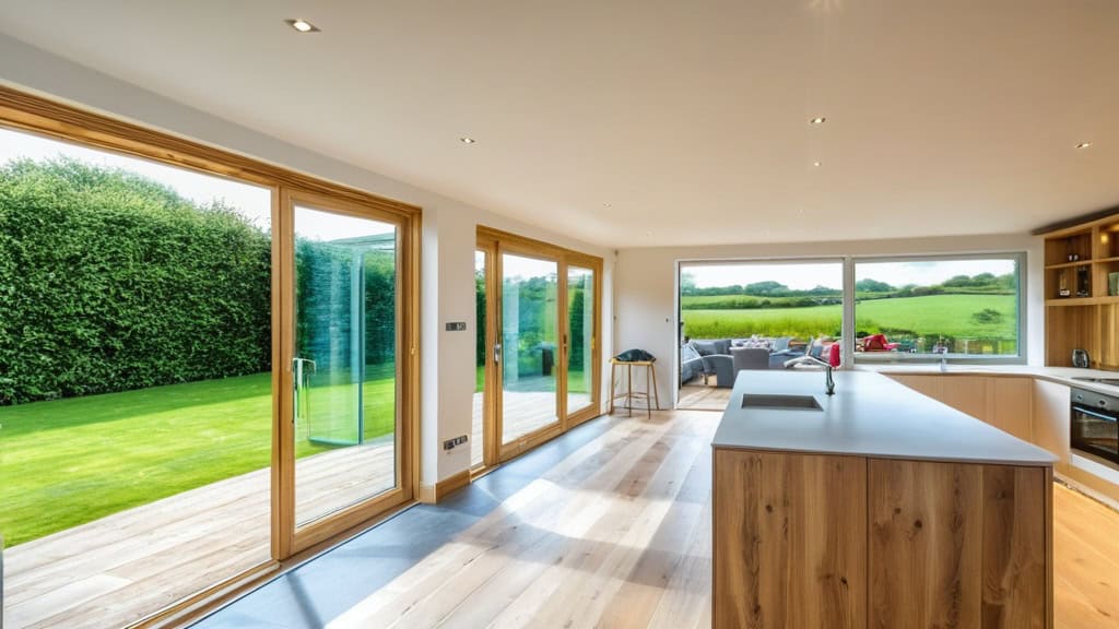 Bright eco-friendly kitchen featuring large energy-efficient windows, natural wood finishes, and sustainable design elements for a greener home.