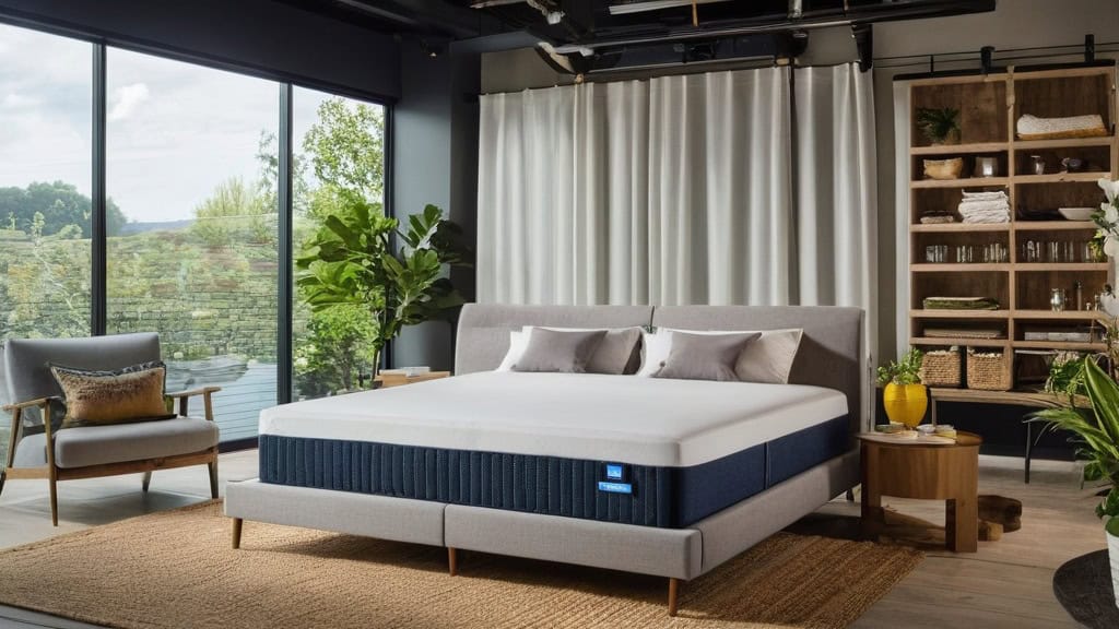 Modern eco-friendly bedroom with large windows, natural light, and sustainable decor, showcasing a comfortable bed and green plants for a healthy, eco-conscious living space.
