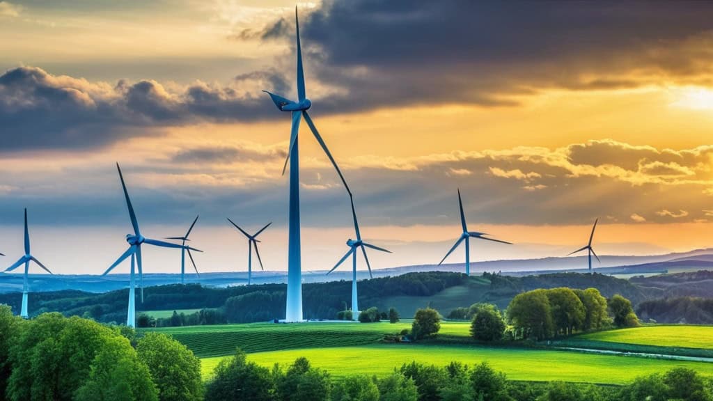 An expansive view of wind turbines generating clean, renewable energy against a vibrant sunset sky, highlighting eco-friendly power solutions and sustainable living.