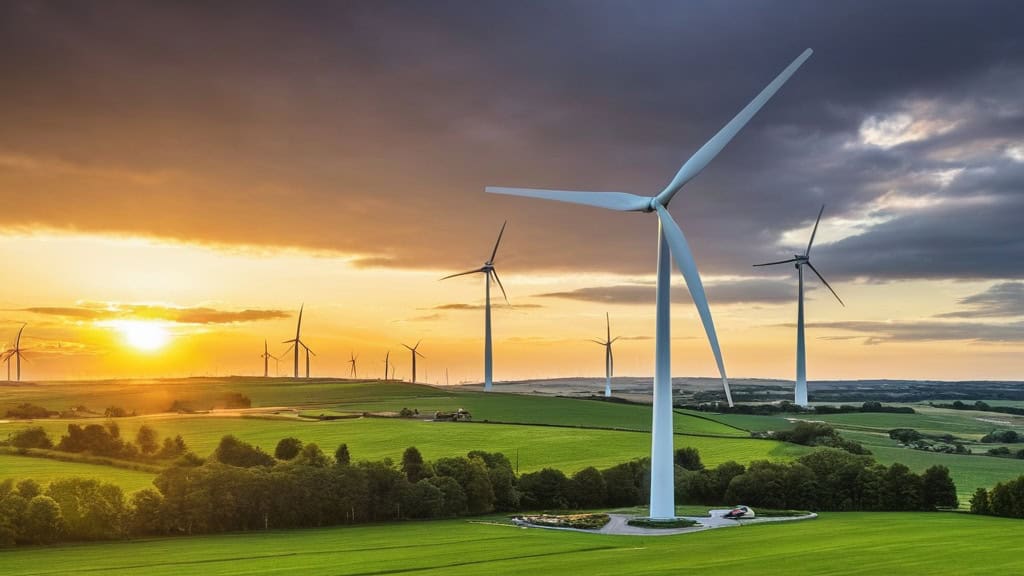 Wind turbines in a green landscape during sunset, showcasing renewable energy sources and eco-friendly technology.