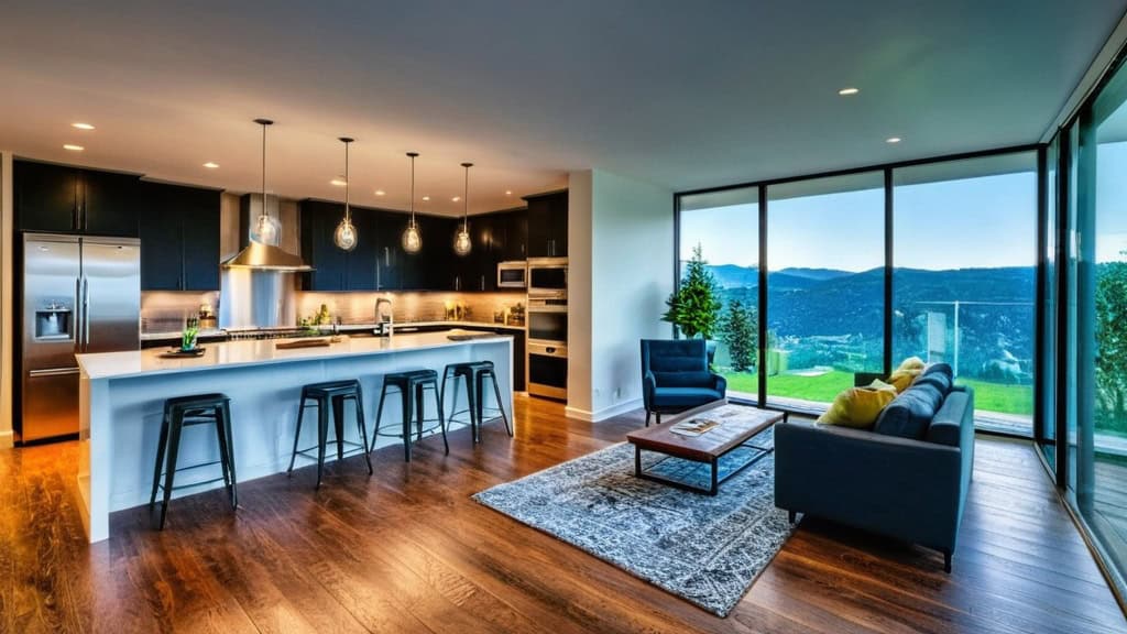 Eco-friendly living room with large windows showcasing scenic outdoor views, featuring sustainable furniture, energy-efficient lighting, and eco-conscious design elements for a green home.