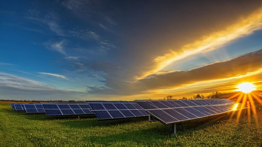 An expansive solar panel installation on a lush green field during sunset, showcasing renewable energy technology for eco-friendly homes.