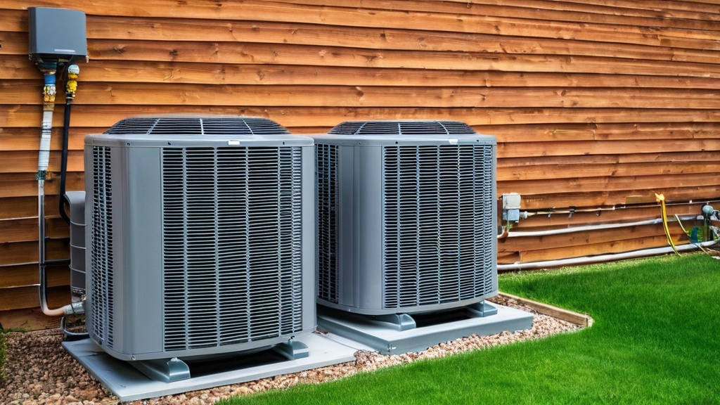 Two modern outdoor air conditioning units on a green lawn with a wooden fence background.