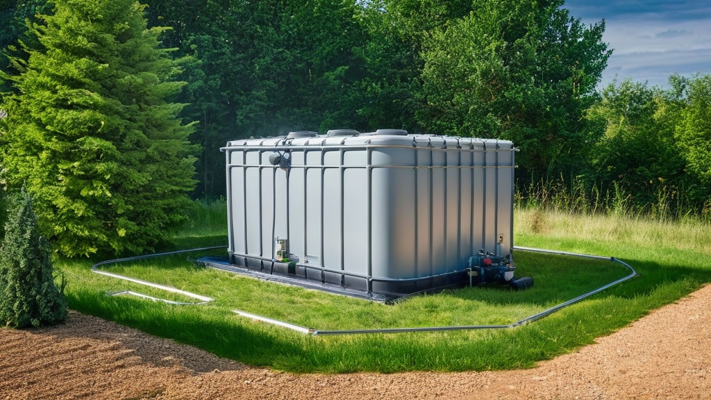Large gray rainwater harvesting tank installed outdoors on a lush green lawn, surrounded by trees and natural landscape, promoting sustainable water use.