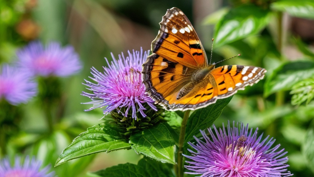 Beautiful butterfly perched on vibrant purple flowers in a sustainable garden setting.