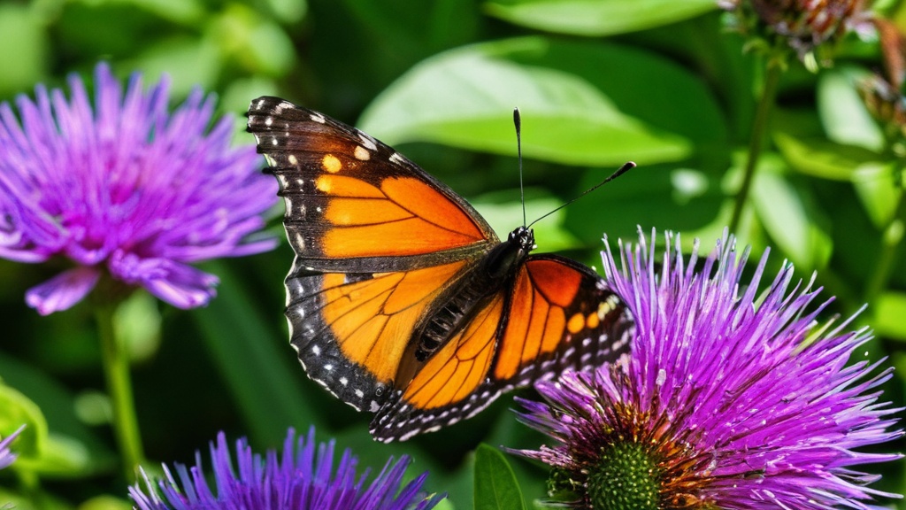 Beautiful monarch butterfly perched on vibrant purple flowers in a lush garden setting.