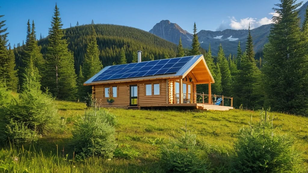 Eco friendly wooden house with solar panels on the roof, surrounded by lush green forest and mountains in the background, showcasing sustainable living.