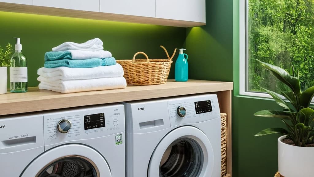 Eco friendly laundry room featuring energy-efficient washing machines, natural decor, and sustainable accessories for a green home.
